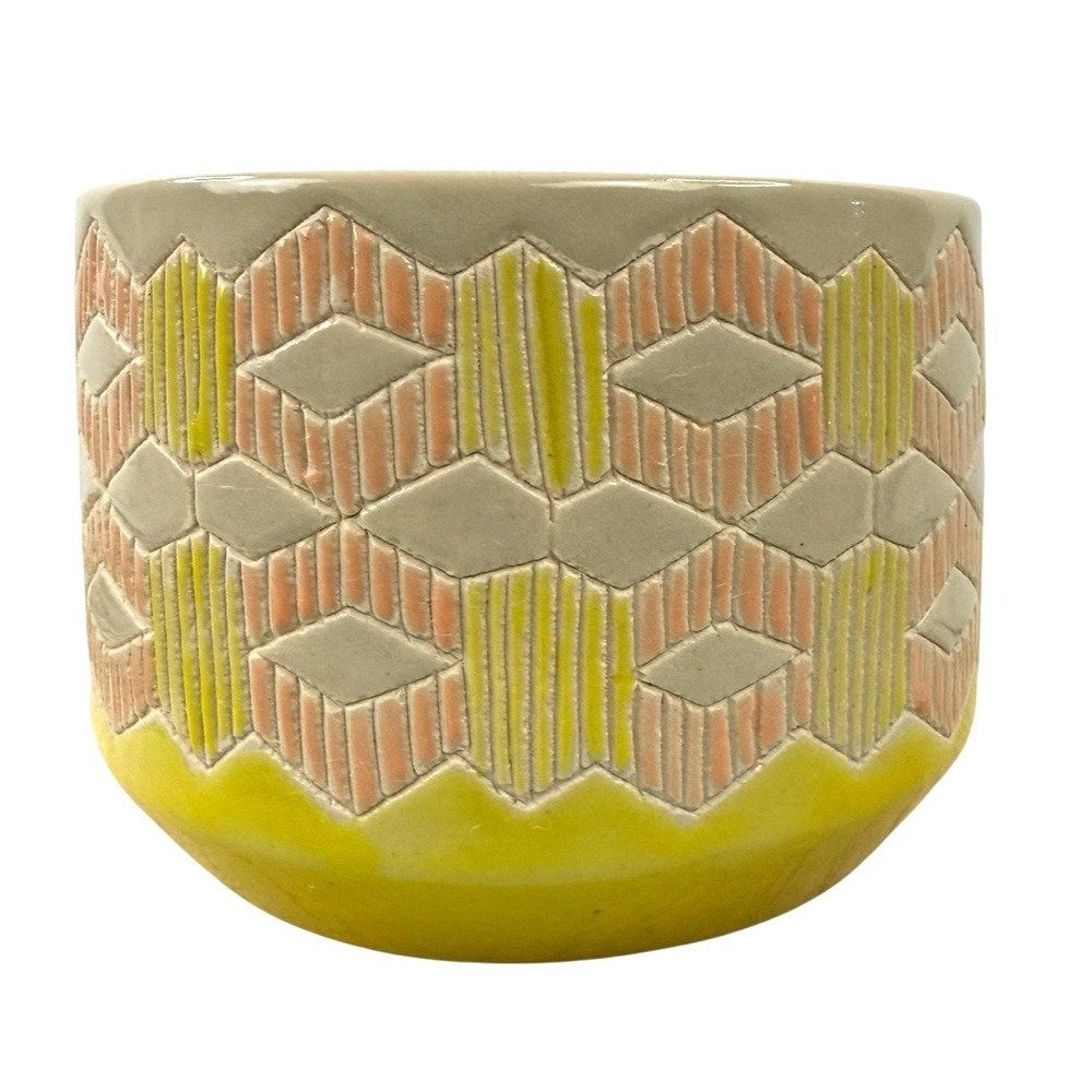 Anthropologie‎ Bright Geo Pot Planter Yellow Orange Cream 4" Tall